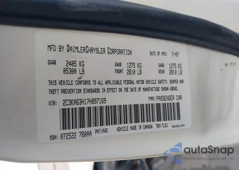 2007 Chrysler 300C z USA, uszkodzony, nr VIN 2C3KA63H17H897169